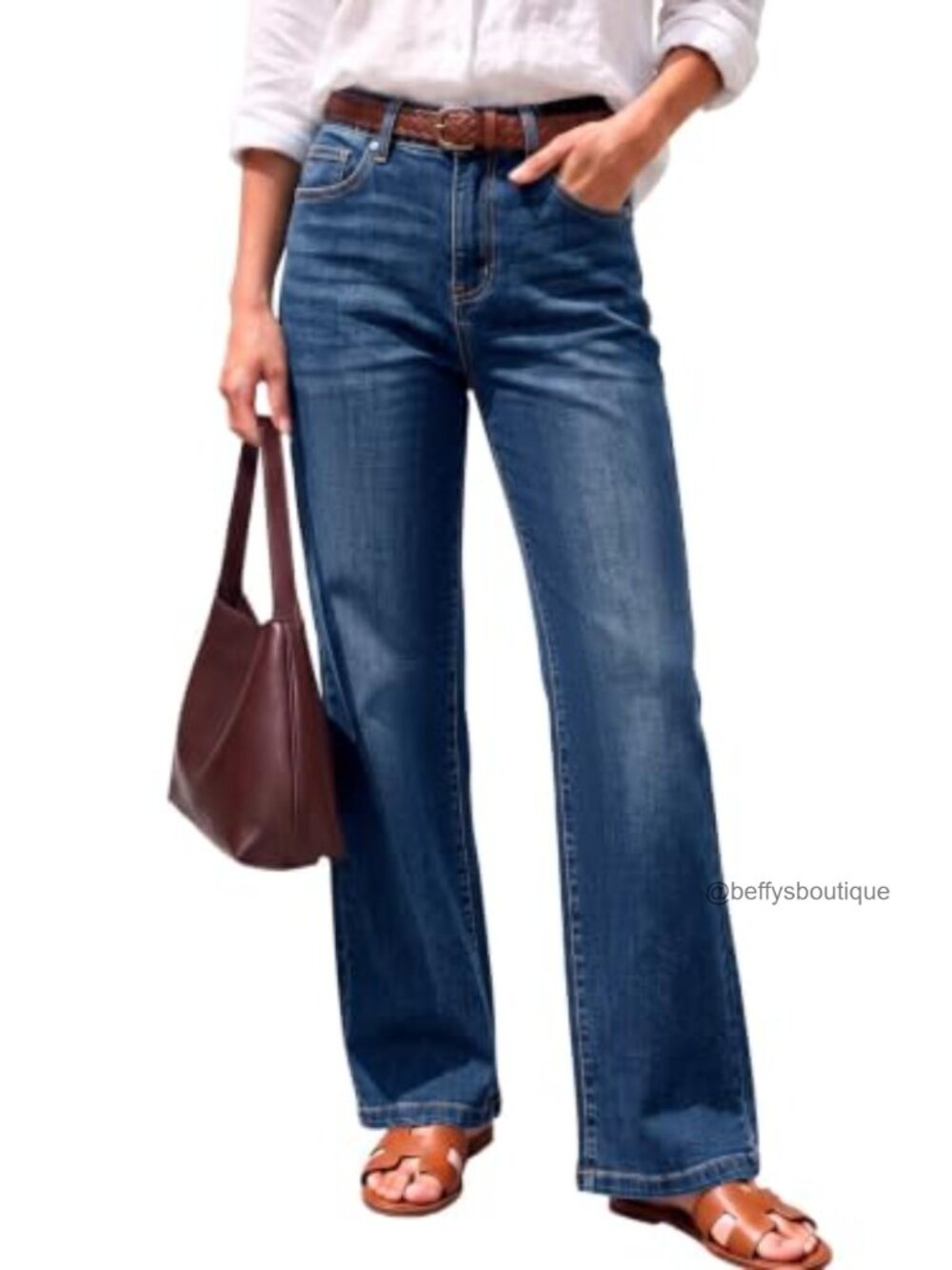 High Waisted Wide Straight Leg Jeans Elastic Waist Stretch Denim